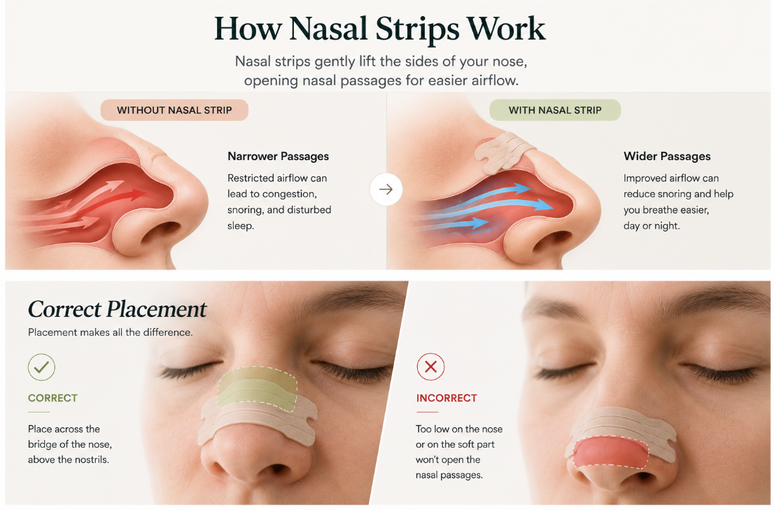 Diagram showing how nasal strips work: without a strip the nasal passages are narrower with restricted airflow, with a strip the passages are wider with improved airflow; lower panel shows correct placement across the bridge of the nose versus incorrect placement on the soft lower part of the nose