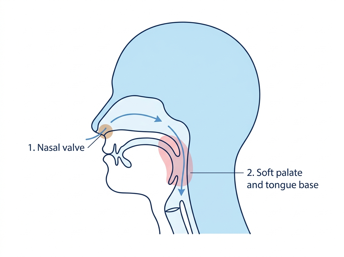 Diagram of the upper airway showing the two main sites where snoring originates: the nasal valve at the front and the soft palate and base of tongue at the back
