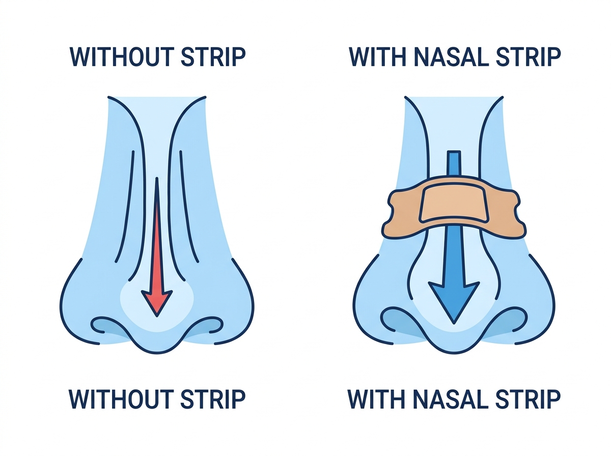 Comparison diagram showing nasal airflow with and without a nasal strip. Narrow nostrils and restricted airflow on the left, open nostrils and improved airflow on the right