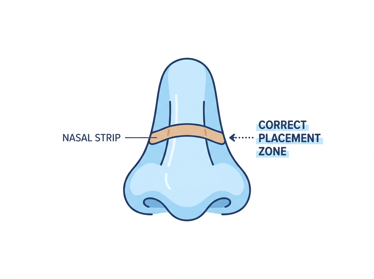 Diagram showing the correct placement zone for a nasal strip, positioned high on the bridge of the nose just above the flare of the nostrils